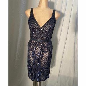 Primavera Navy Beaded Cocktail Dress Size 2